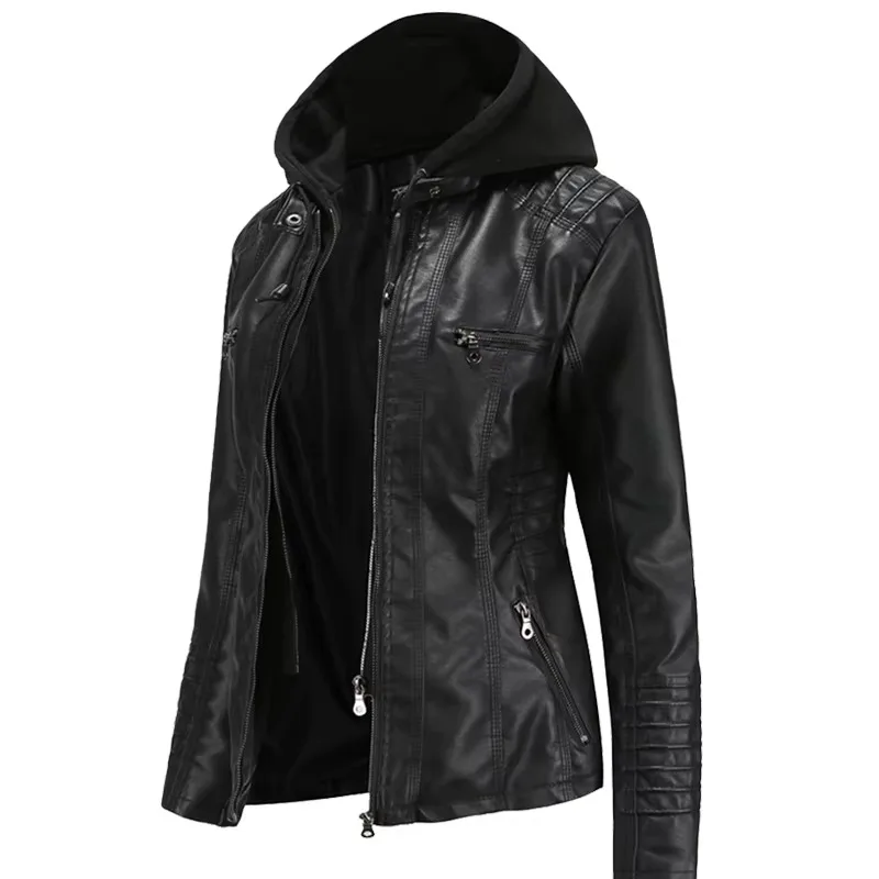 Autumn Winter Women Leather Jacket Hooded Removable PU Leather Jackets Motorcycle Long Sleeve Zipper Coat Black Outerwear S-4XL