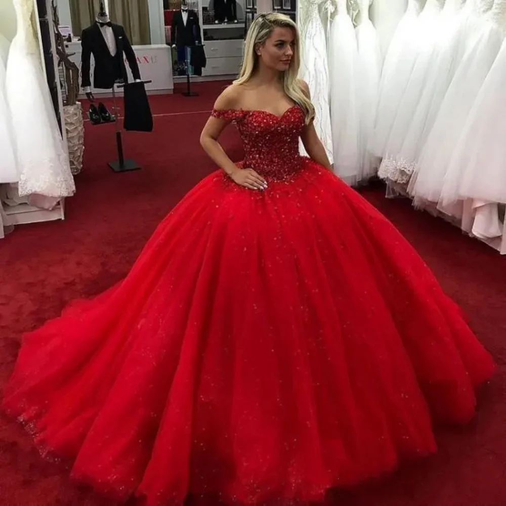 Vestidos de baile de cristal frisado vermelho, Puffy Prom Party Dress, Vestidos de noite formais com renda, Vestidos Quinceanera, Novo, 2024