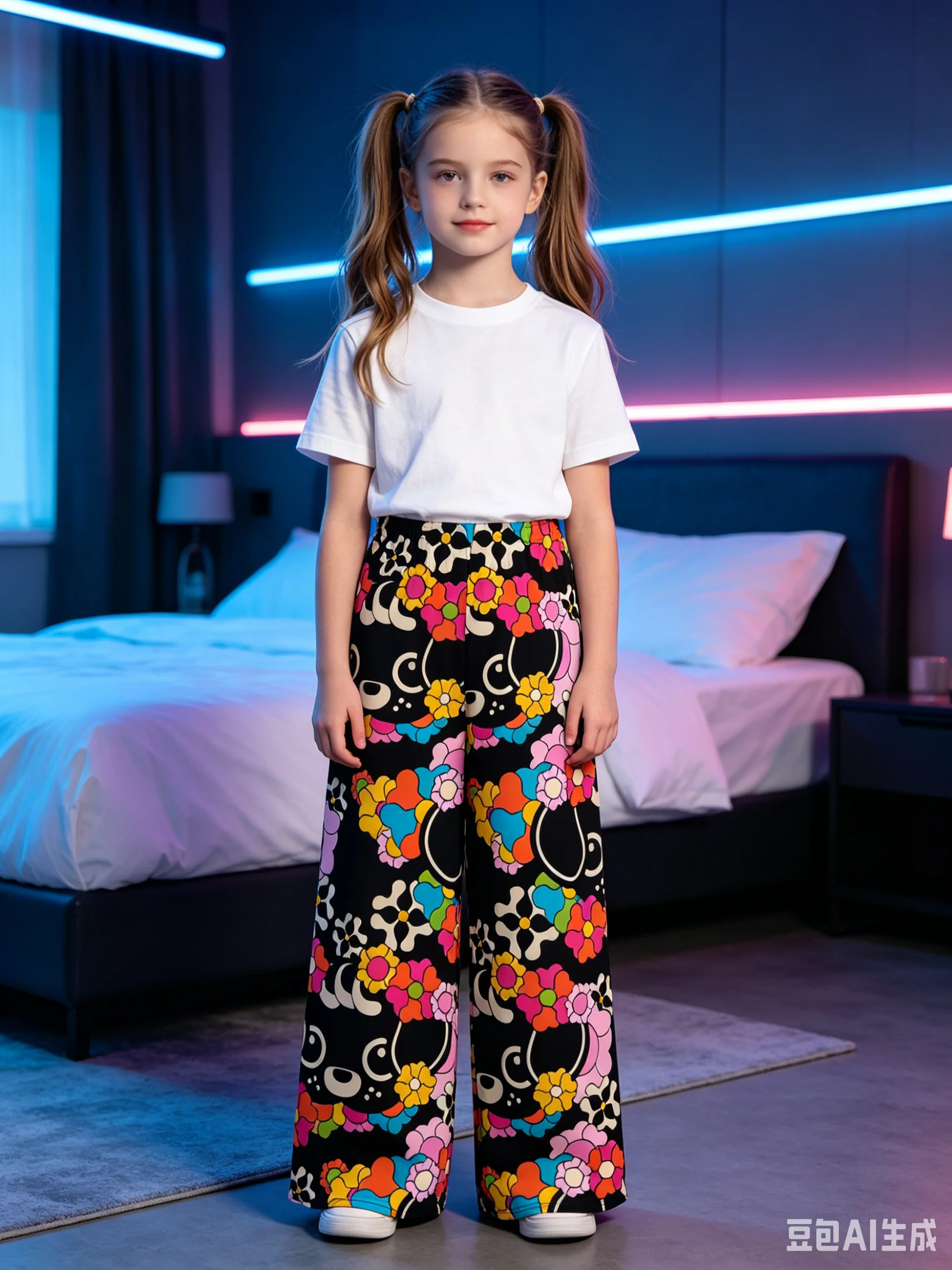 Playful Rabbit-print Colorful Floral Print Casual Pants, Perfect for Summer, Suitable for Children, Adults, Parents, and Couples