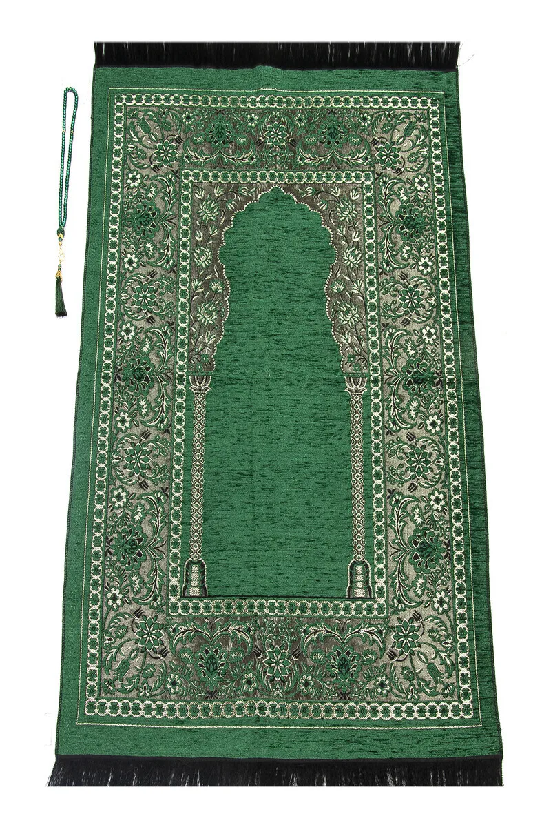 Mihrab Thick Chenille Prayer Rug Green Sheet of Muslim Islamic Prayer Mat Holy Quraan Islamic Mats