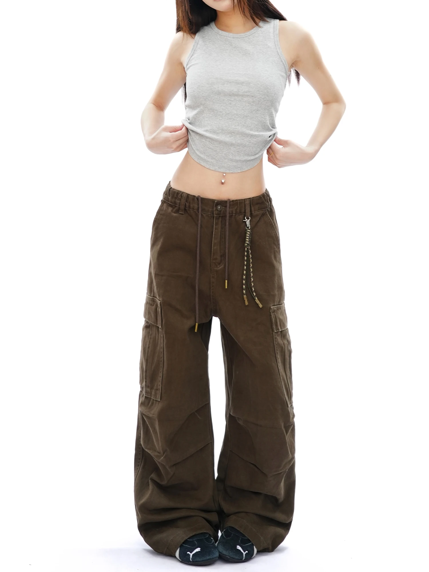 

Ретро-брюки в американском стиле с плиссировкой и множеством карманов, унисекс, свободный крой, на шнурке, широкие штанины, повседневные, уличный стиль, хлопок