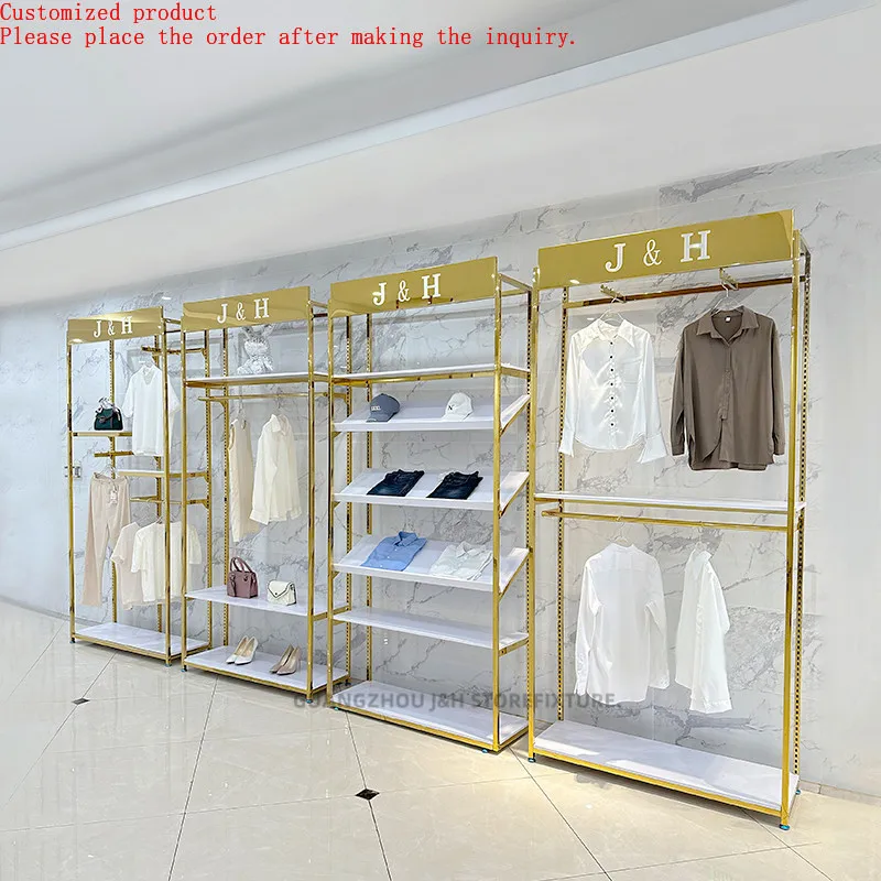 

Customized logo Retail Display Display Stand Clothing Racks for Boutique Shelving Hanging Apparel Gold Cloths Rack
