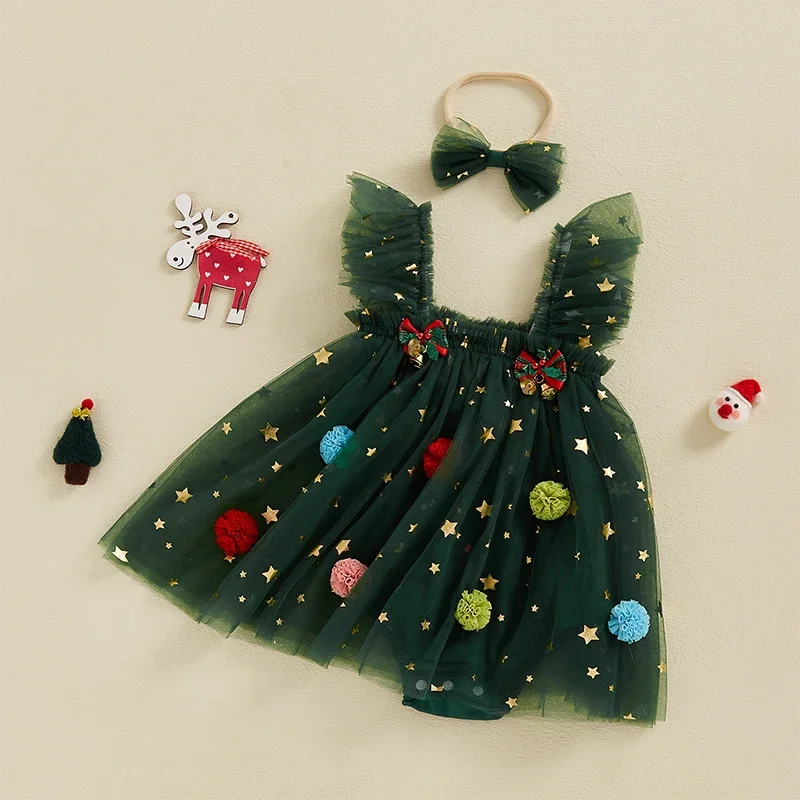 Baby Girl Christmas Bodysuits Dress Star Print Square Neck Sleeveless Layered Tulle Rompers Dress with Plush Ball Xmas Costume