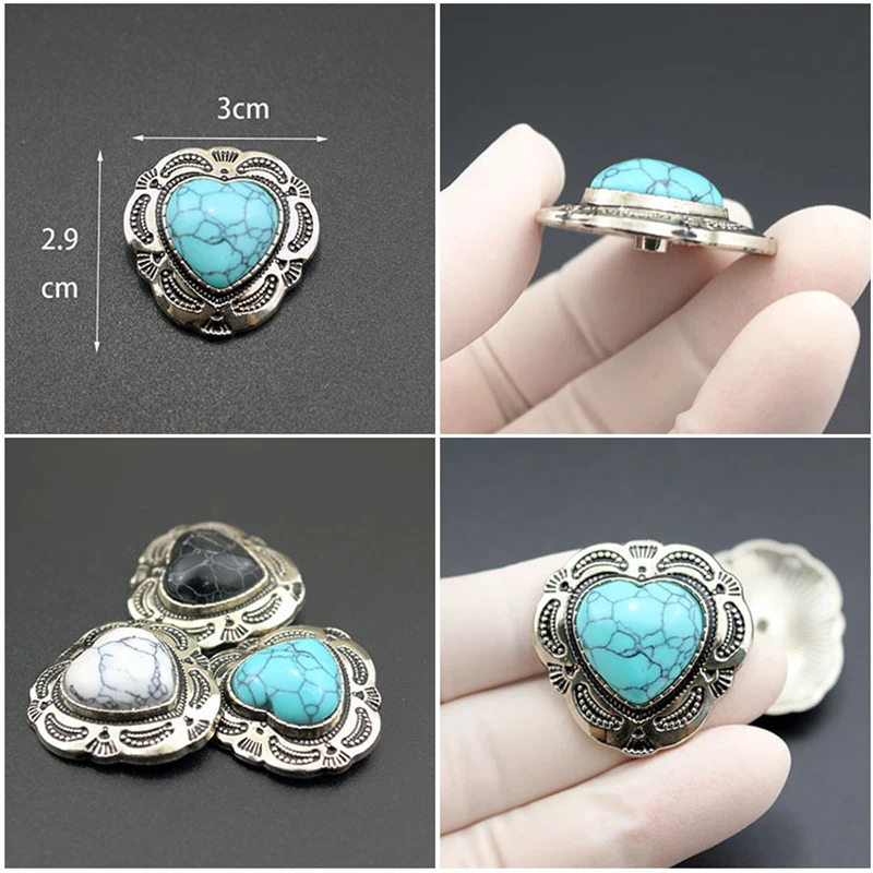 3 Pcs 29*30mm Silver Ethnic Tribal Traditional Flower Love Heart Turquoise Conchos For Belt Wallet Decorative Accessories