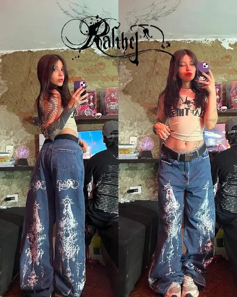 

Европейский Американский Готический Панк Harajuku Модный Бренд Негабаритные Промытые Джинсы Y2K Новый Хип-Хоп High Street Свободные Широкие Женские Ноги