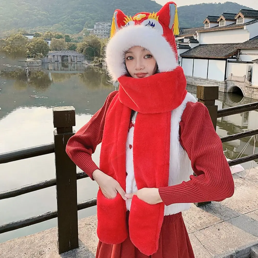 

Kawaii Ear Muffs Lion Dance Beanies Hat Tassels Thickened New Year Pullover Cap Lace Up Cute Scarf Gloves Hat Female/Girls