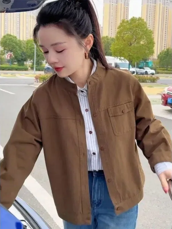 Slimming Short Casual Jacket Korean Style Stand Collar Workwear Women's Outerwear Spring Autumn New Arrival Button Closure
