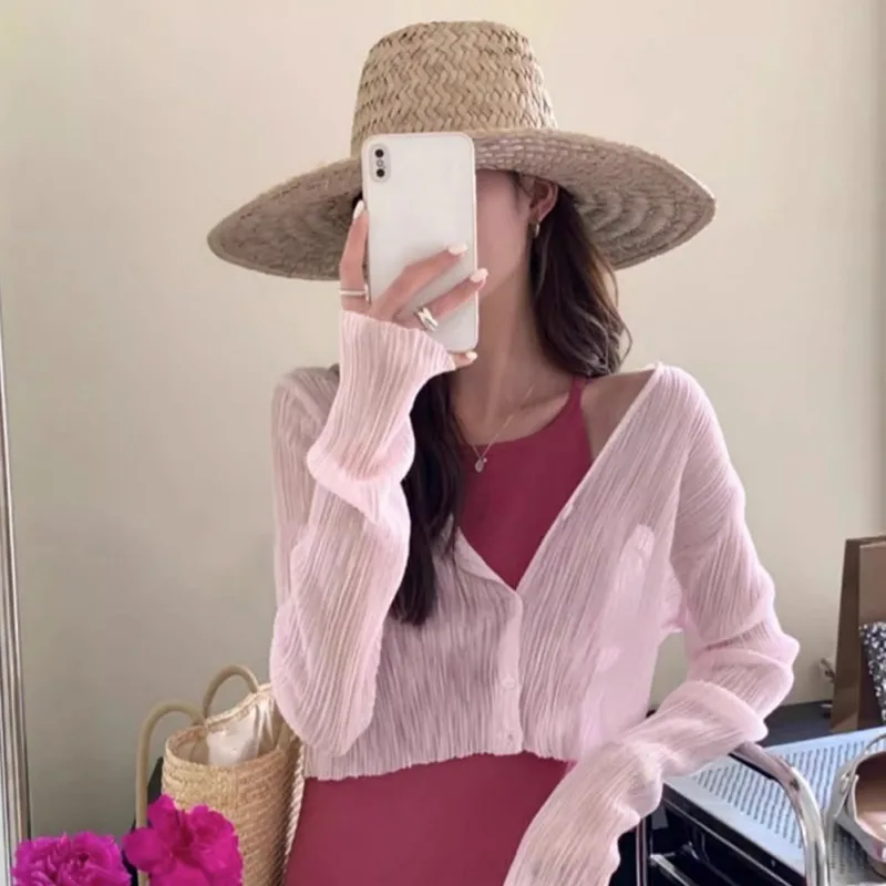 Women Cardigan V-neck Long Sleeve Female Shirt Sun Protection Lady Short Thin Morandi Top Summer Casual Sun Protection Tees