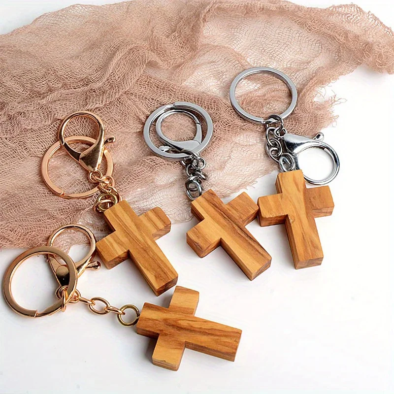 Olive Wood Cross Keychain Creative Handmade Wooden Cross Pendant DIY Decoration Pendant Holiday Gift