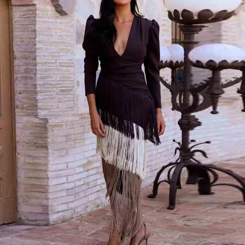 Mode frange Patchwork mince longue Robe Robe plage vacances creux tricoté femmes Robe 2025 décontracté été à manches longues robes