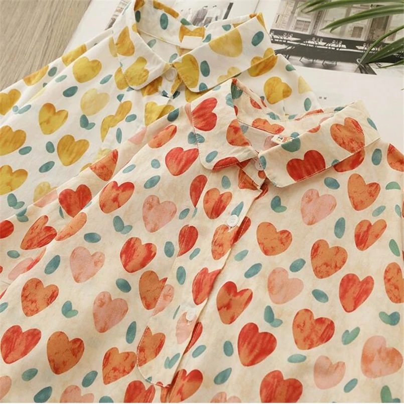 Fashion Lapel Button Casual Shirts All-match Love Print Cute Blouse Women Clothing 2026 Summer New Loose Tops Office Lady Blouse