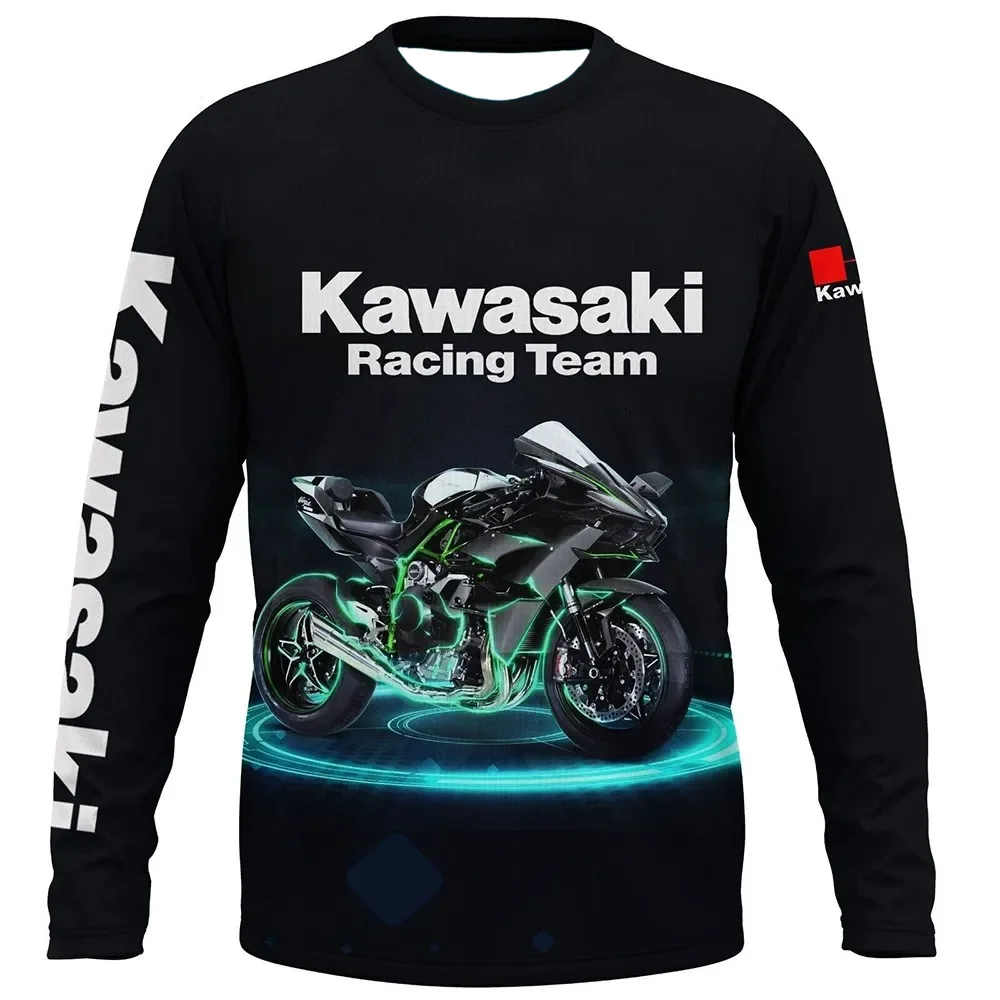 

Летняя мужская футболка с круглым вырезом и длинными рукавами Kawasaki с мотоциклетным принтом, дышащая, быстросохнущая, спортивный, удобный спортивный топ