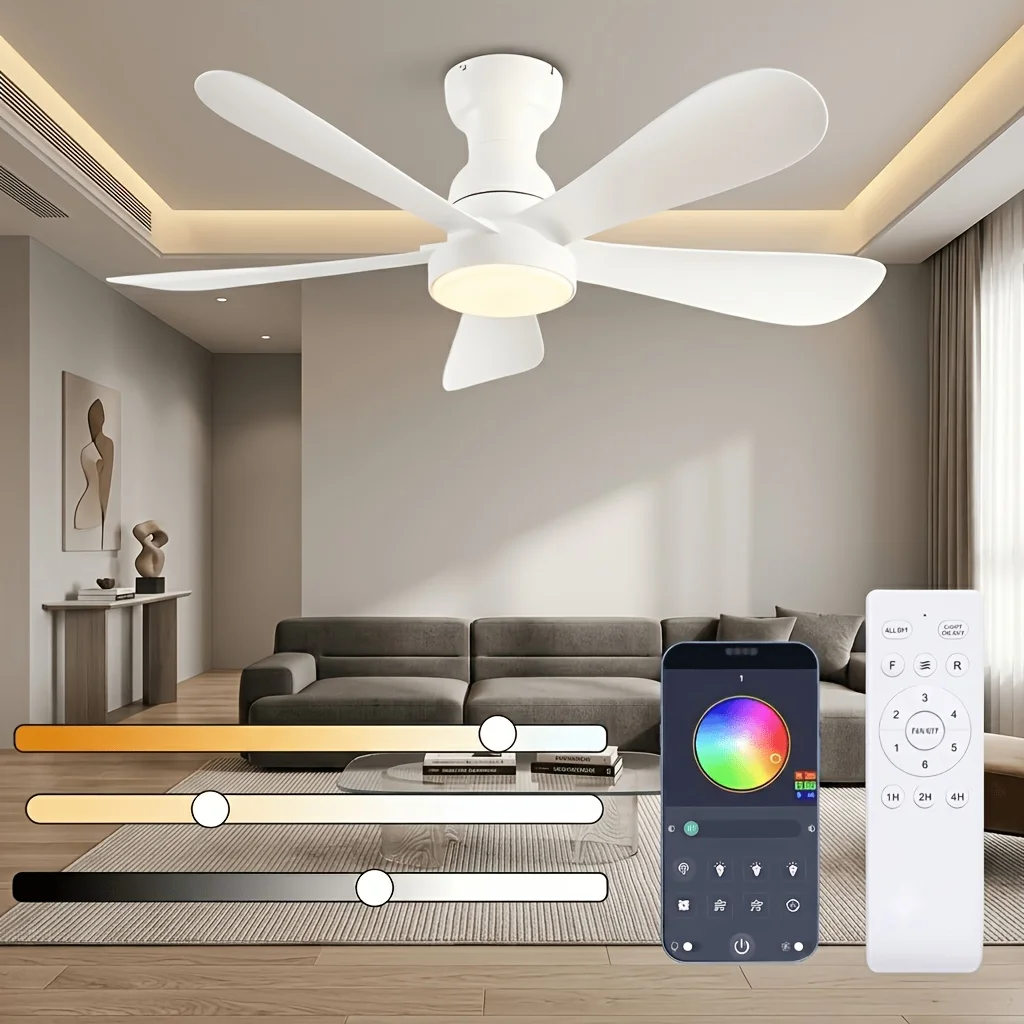 42-inch Modern Flush-Mount Ceiling Fan with RGB Dimmable Light & Quiet Operation — Remote + App Control, Indoor/Outdoor Use, Com view 7