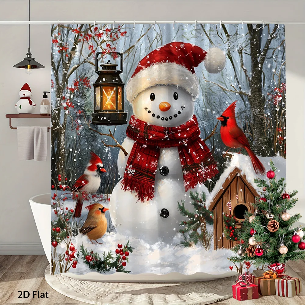 2D Flat, 2D Flat, 1pc a 2D Flat Shower Curtain Featuring a Christmas Design with a Snowman And Cardinals, Set in a Winter Scene