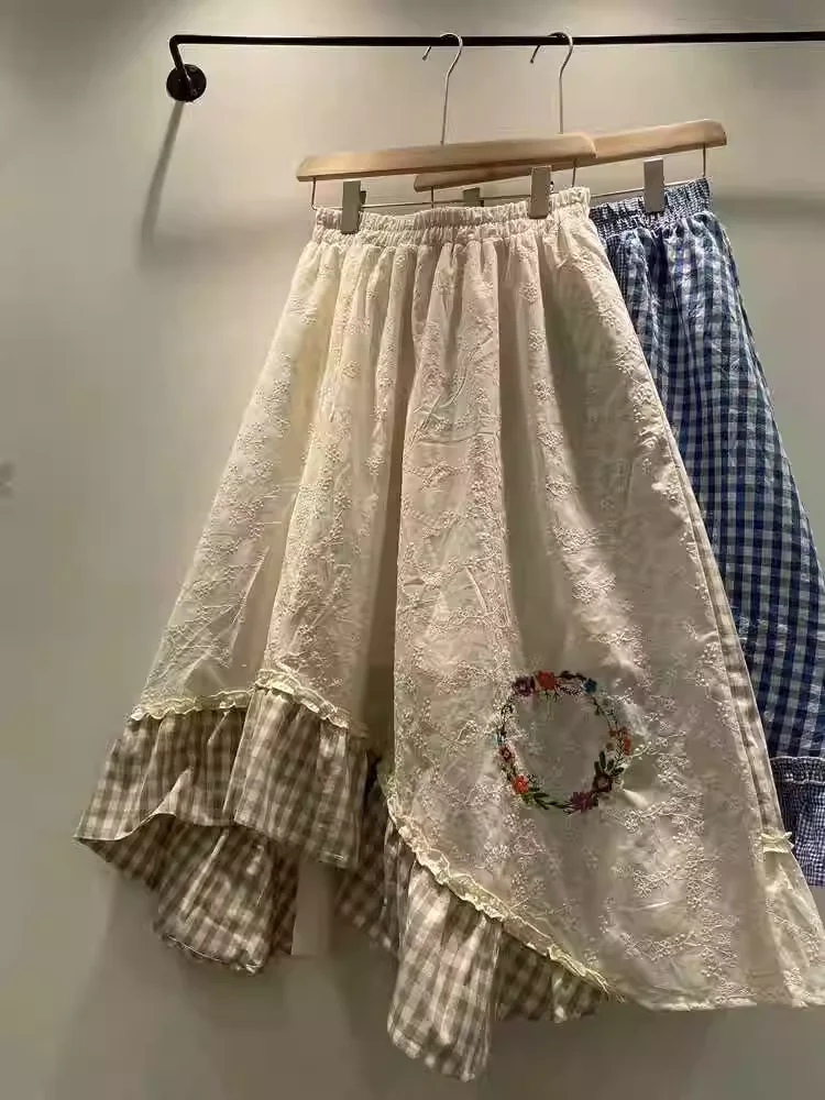 Mori kei clothing Japanese style sweet elastic waist long blue plaid patchwork asymmetric skirts for women cotton long skirts