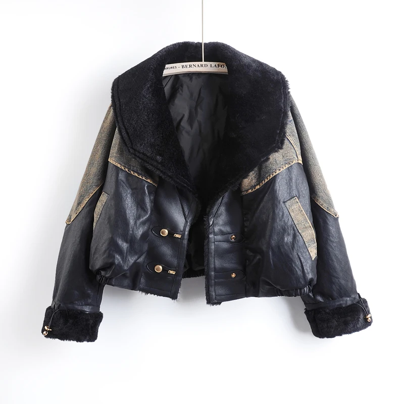 Winter New Fashion Faux Pu Leather Patchwork Denim Jacket Women Thick Warm Fur Collar Down Liner Loose Jeans Jacket Coat Female