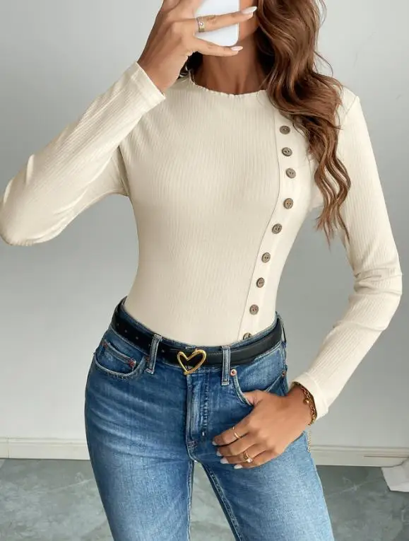 بدلة قفز ضيقة برقبة دائرية ومزخرفة بأزرار وأكمام طويلة للنساء، بذلة بسيطة ومتعددة الاستخدامات #5