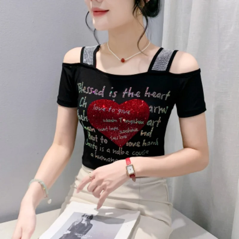 

Women's European Clothes T-shirts Sexy Off Shoulder Hot Diamonds Mesh Tops Ladies Short Sleeve Elastic Tee Summer 2024