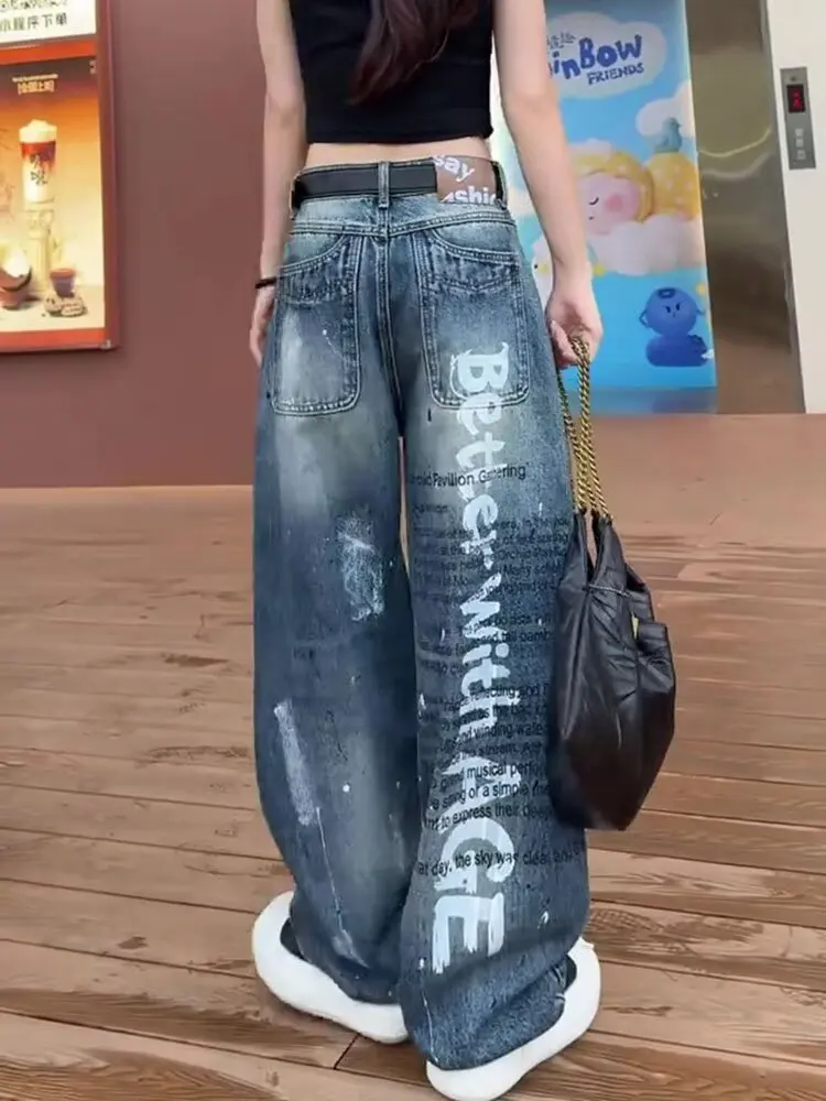 Women's Letter Print Pattern Denim Jeans Street Pants Casual Bottoms Unisex Wide Leg Sweatpants Female High Waist Loose Trousers