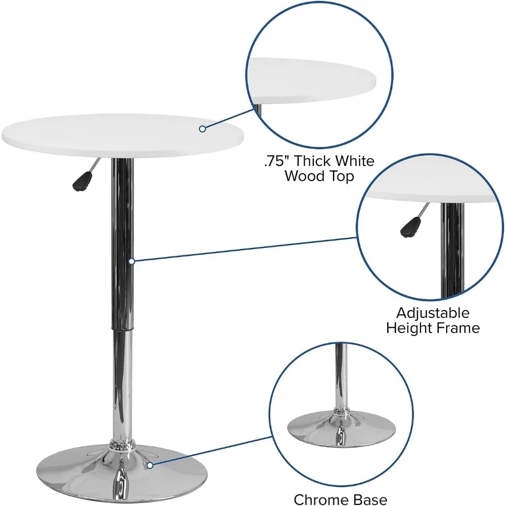 Mesa de comedor redonda de madera de 23,75 pulgadas con Base cromada, mesa de cóctel de madera redonda estrecha, se ajusta a 26,25 ''-35,75'' H, Blanco/plateado