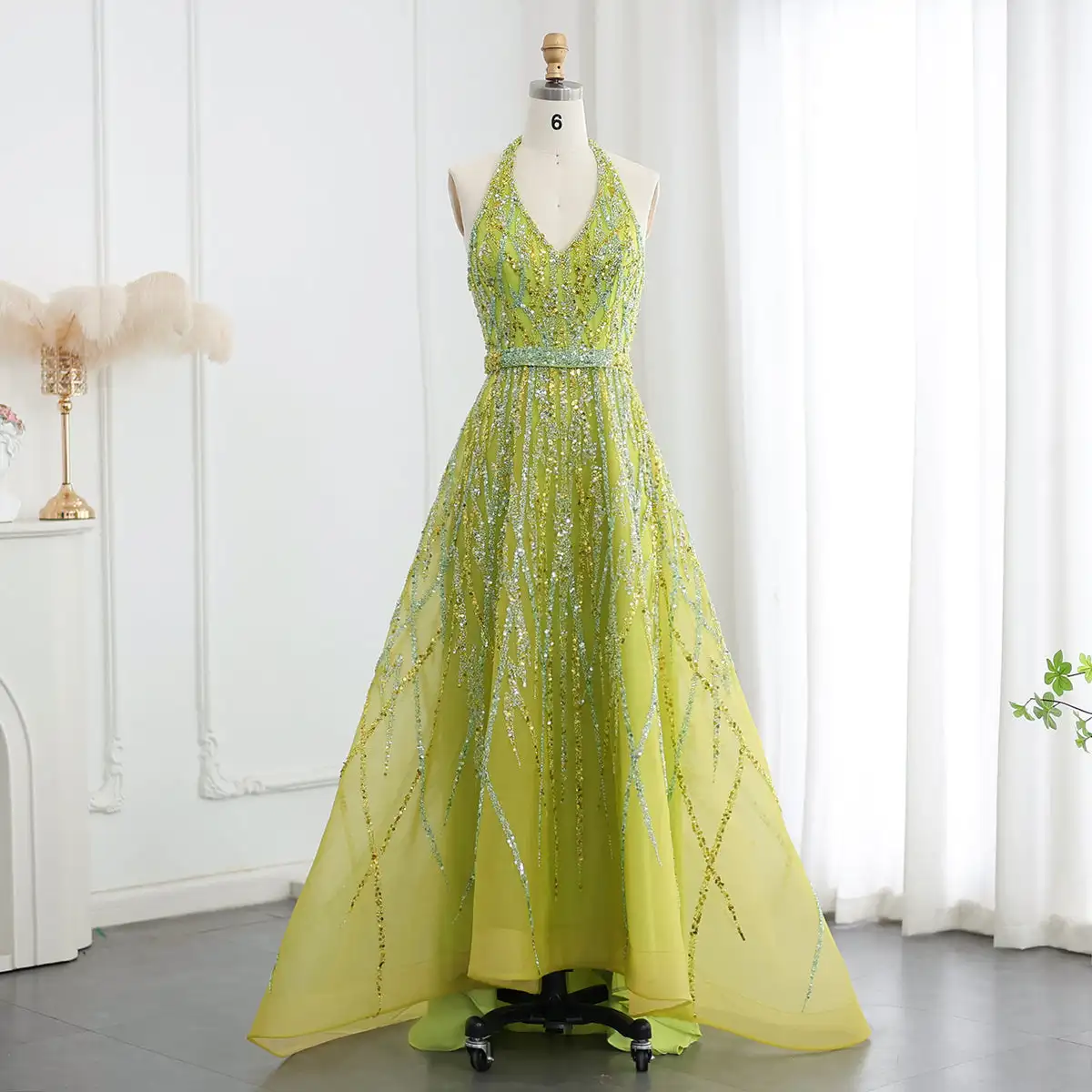 Jancember Beaded Lemon Green Arabic Evening Dresses With Halter High Low Dubai Women Wedding Party Gowns Lsz472