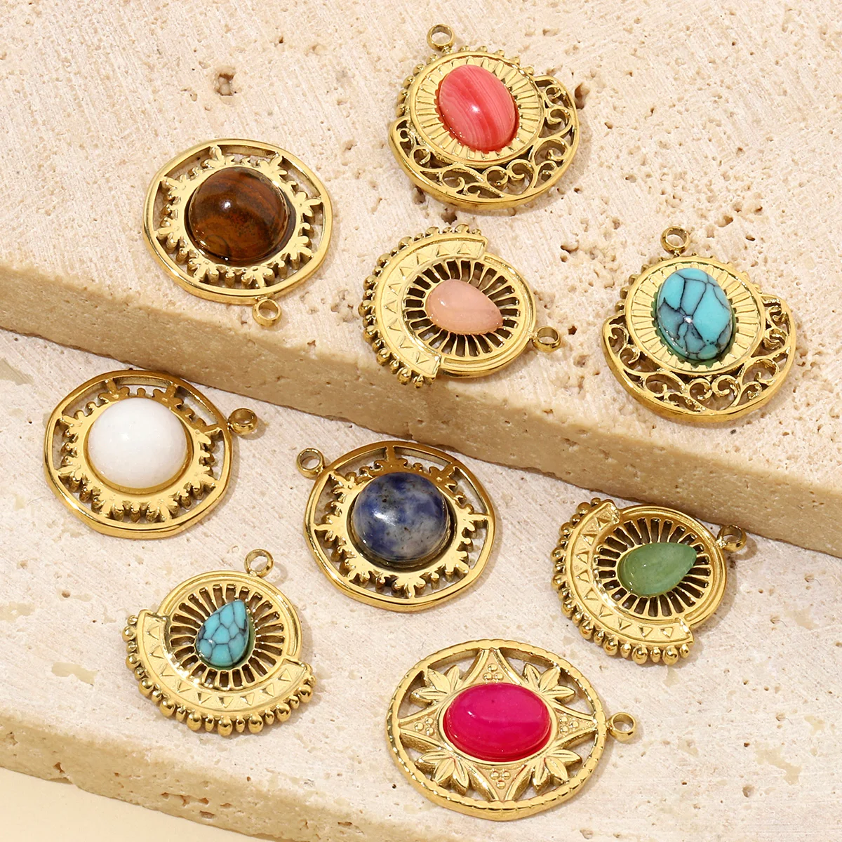 3pcs/Lot Antique Geometric Fan Natural Stone Stainless Steel Diy Charms Women Red Agate Necklace Pendant Malachite Jewelry
