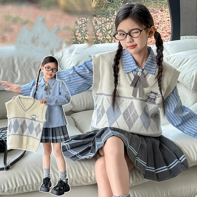 

Аниме Cinnamoroll, рубашка в студенческом стиле для девочек, жилет, короткая юбка, комплект из 3 предметов, детская плиссированная юбка Jk, спортивный комплект, праздничные подарки