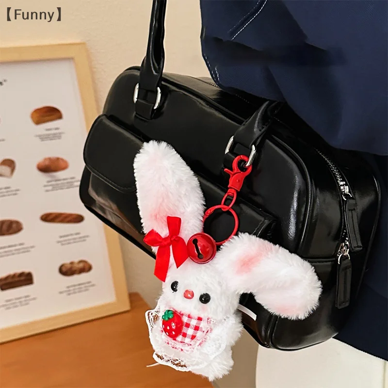 〔Funny〕Kawaii Squeaky Strawberry Long-eared Rabbit  Keychain Creative Cartoon Bunny Keyring Lovely Bag Pendant Bag Decoration