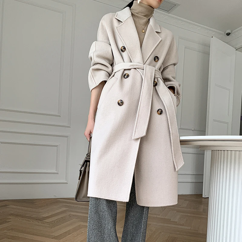 New Cashmere Wool Coat Women Long Double-breasted Thick Double-sided Lapel Wool Long Sleeve Warm Coat Fashion Autumn and Winter