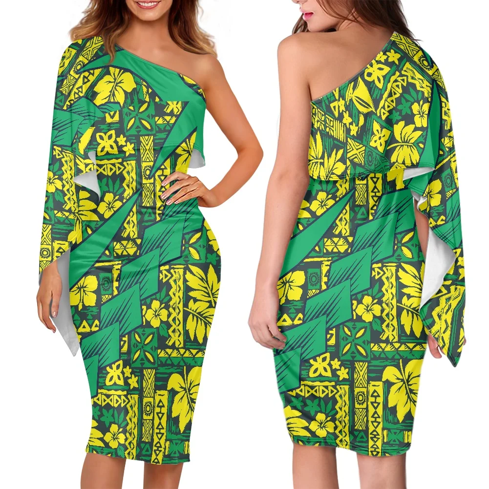 

Polynesian Tribal Pattern Design Printing Green Dresses One-Shoulder Sexy Package Hip Dresses For Professional Women Clothing