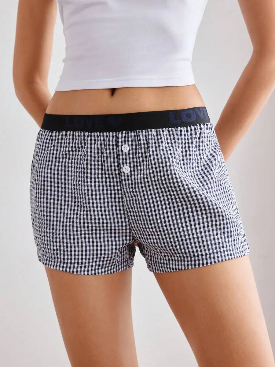 Womens Lightweight Gingham Check Shorts With Button Front And Love Waistband