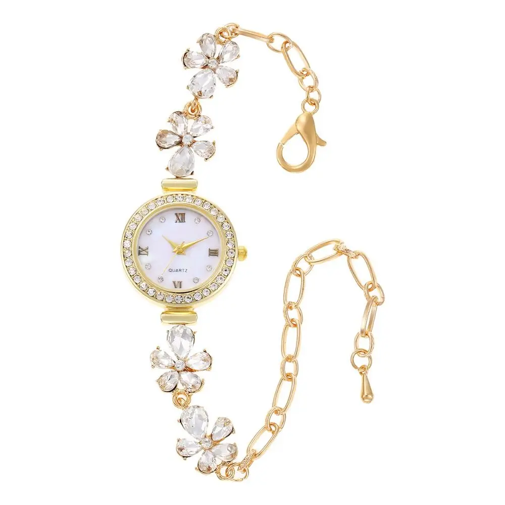 Roman-Scalped Quartz Bracelet Watch Gemstone Flower Clasp Diamond Embedded Vintage Round Ladies Watches Adjustable Alloy Case