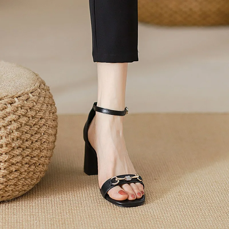 2024 Summer Women 5/7cm High Heels Pumps Luxury Metal Diamond Buckle Strap Sandals Square Toe Flock Prom Dress Fashion Shoes