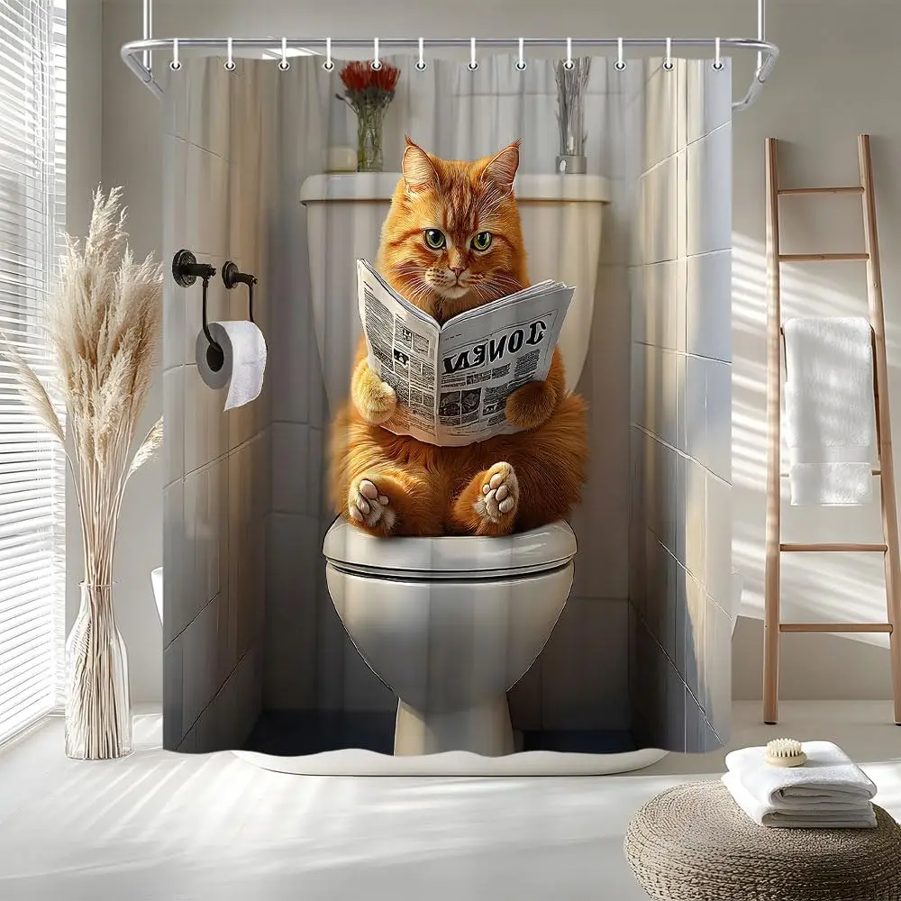 مضحك القط دش الستار البرتقالي القط على المرحاض قراءة صحيفة جميل هريرة لطيف الحيوانات الأليفة ستارة حمام النسيج اكسسوارات الحمام #3