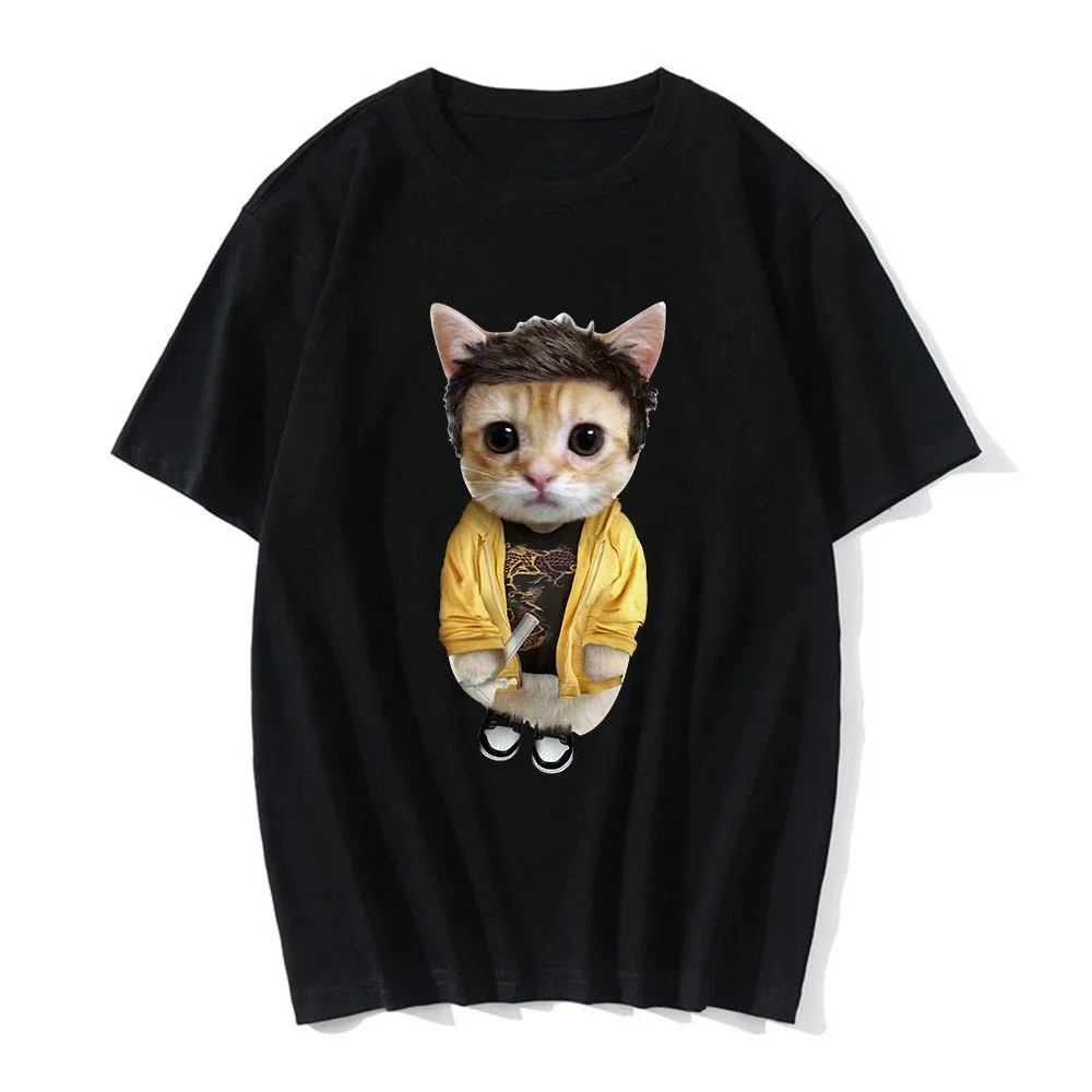 2023 Unisex Fashion Short Sleeve T-shirts Oversized Streetwear Sad Crying Cat Munchkin Kitty Meme Trendy Graphic T-shirt