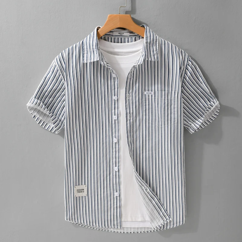 

2026 Summer New 100% Cotton Casual Striped Short Sleeve Shirt for Men Slim Turn-down Collar Shirt