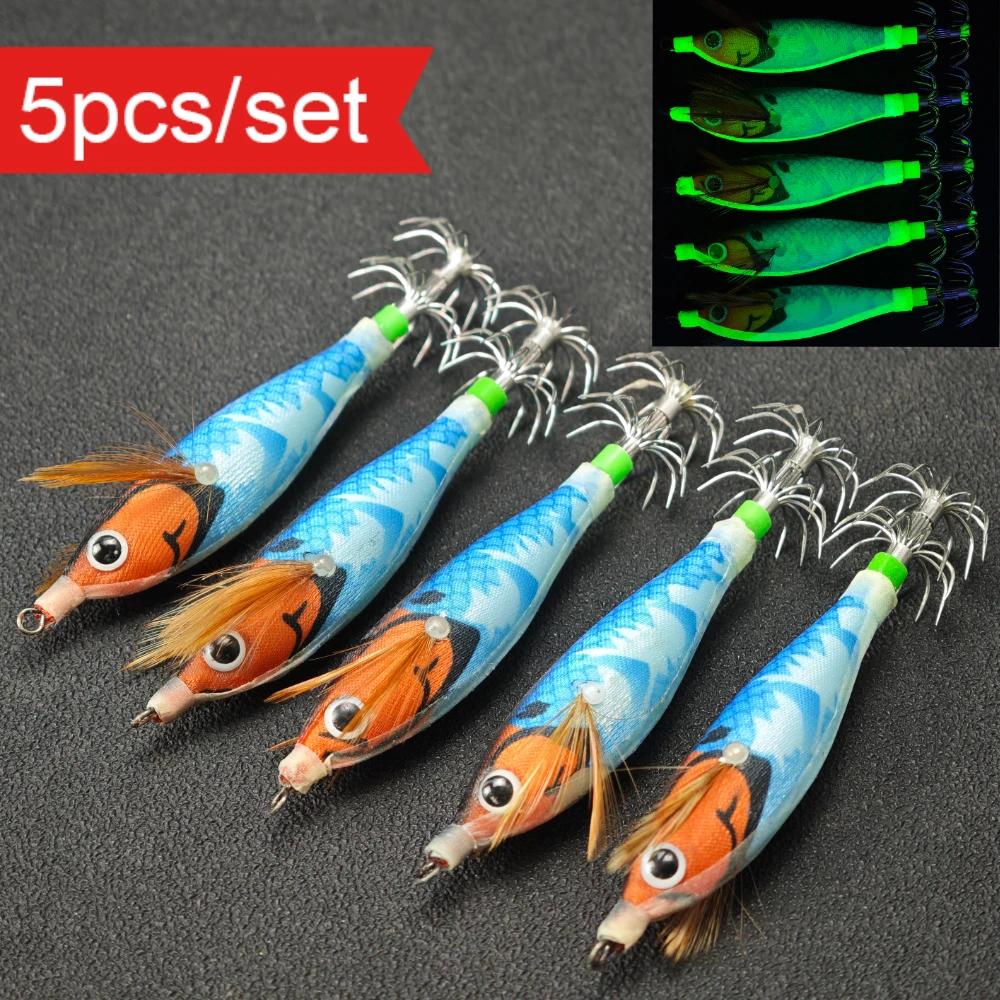 5pcs/set Horizontal Fishing Glow Shrimp Lures Saltwater Shrimp Prawn Lures Fishing Accessories Octopus Squid Jigs