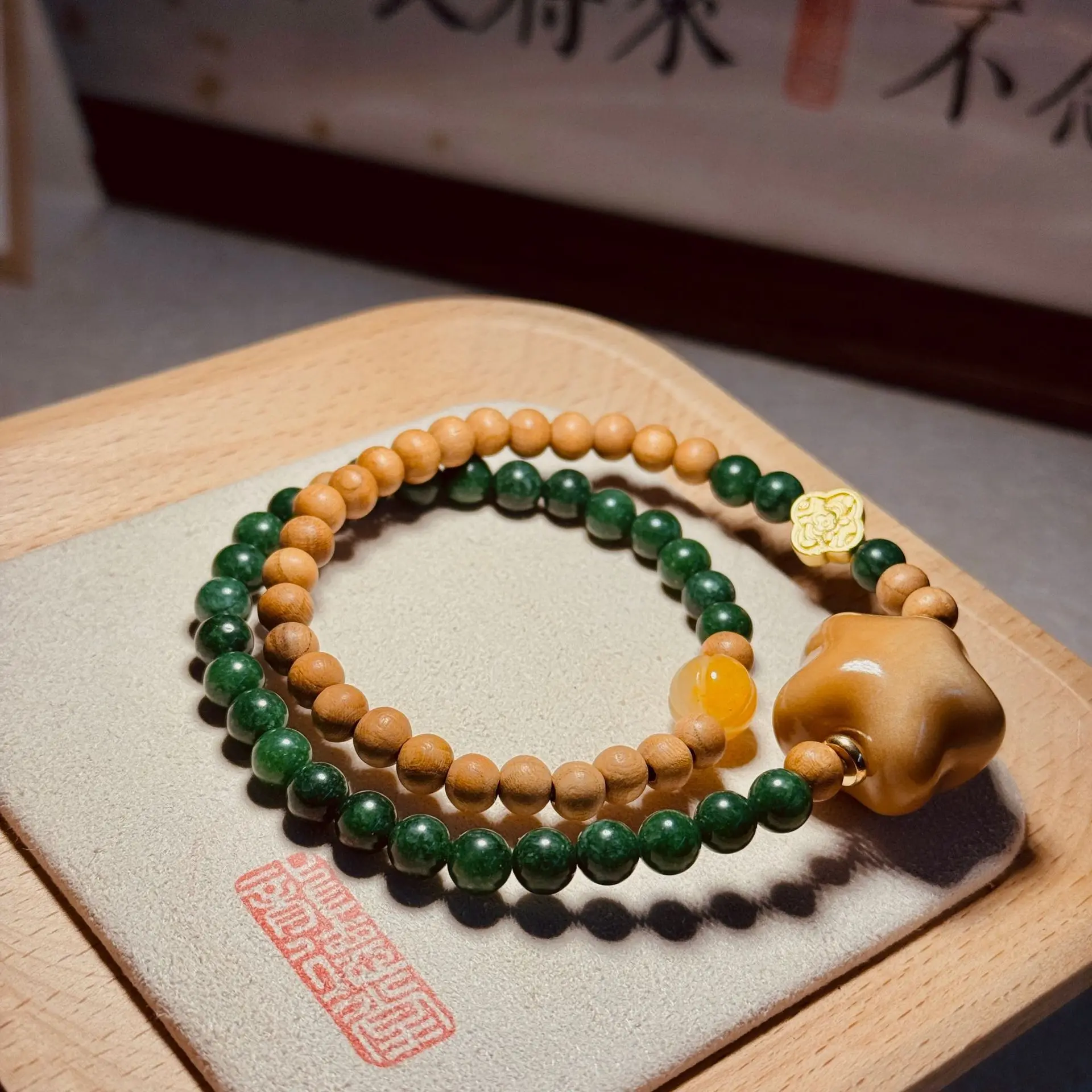 Vintage Style Peach Wood Double Loop Bracelet with Weathered Ivory Nut Stars Unisex Wooden Buddhist Prayer Beads Gifts