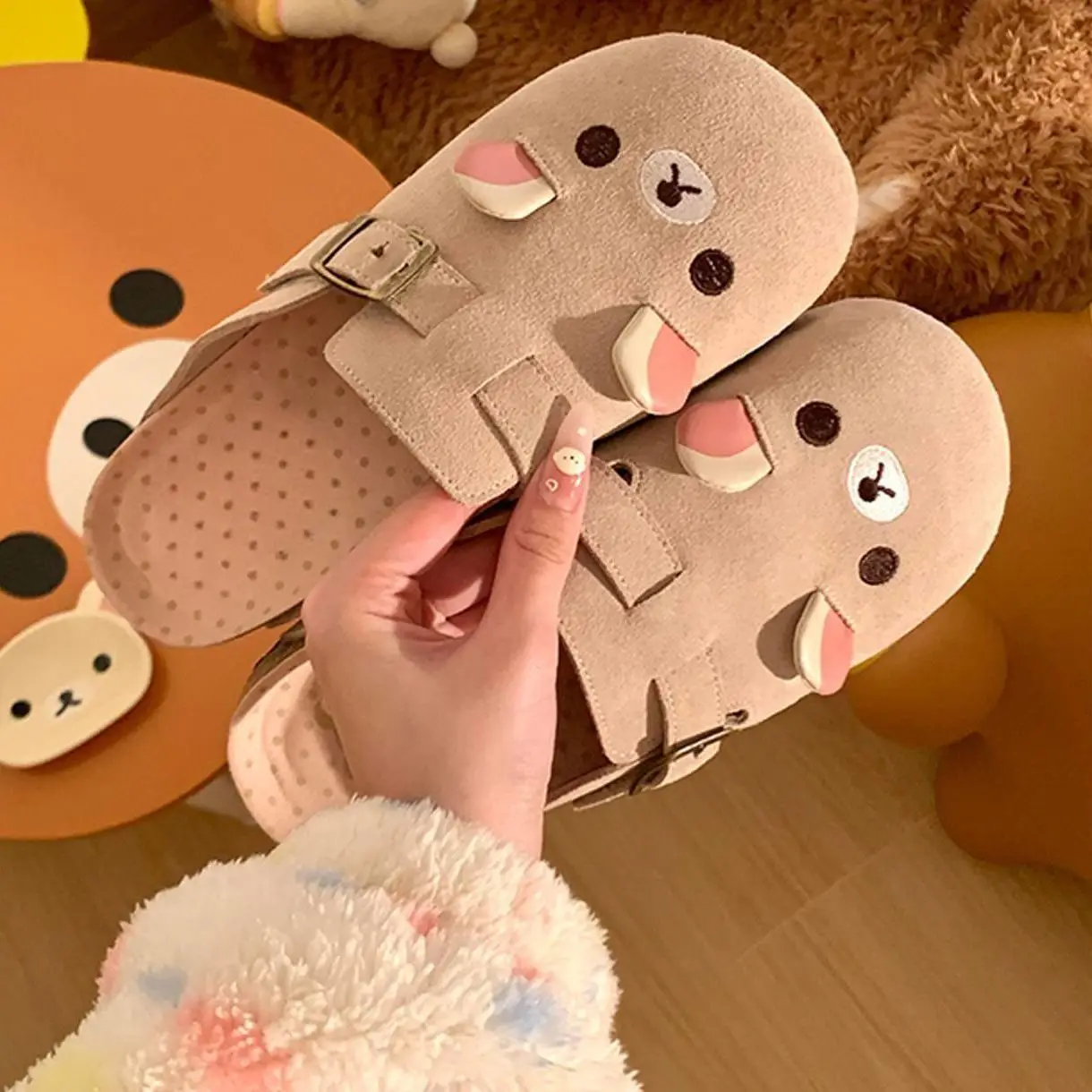 

Y2K Kawaii Rilakkuma Slippers Cartoon Anime Japan All Inclusive Suede Indoor Home Flat Anti Slip Breathable Couple Slippers Gift