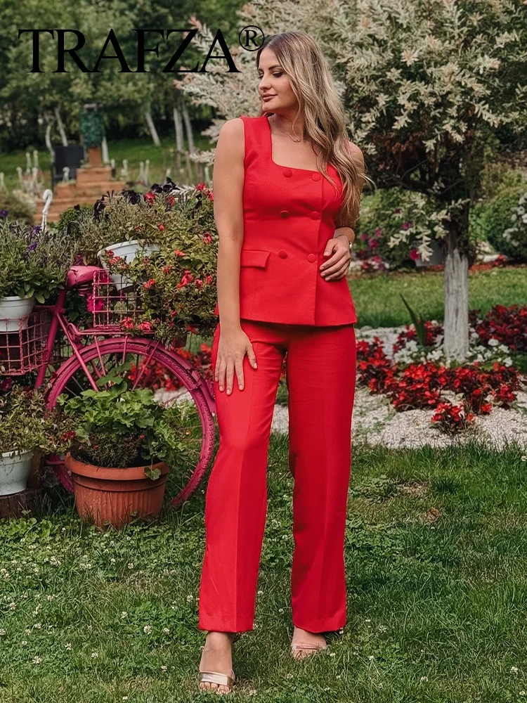 TRAFZA 2024 Female Chic Set Square Neck Sleeveless Double Breasted Waistcoat+Mid-Waist Slit Zipper Pant Summer Suit Woman Trendy