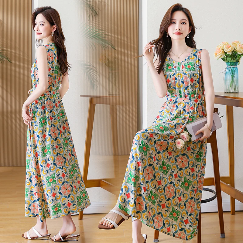 

Summer 2026 New Sle Long Svel Floral Cotton Silk Dr Beach Mom Ele Dr Casual A-Line Gown for Middle-Aged Women