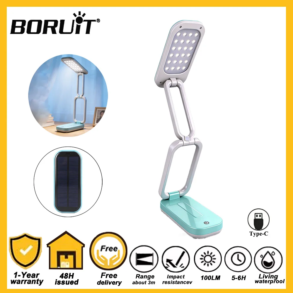 BORUiT Solar Foldable Desk Lamp USB Rechargeable Eye-Caring Reading Light Dimmable Bedside Night Light for Home Office Study