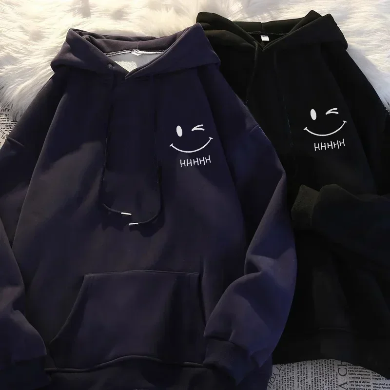 Men's Smiling Face Funny Fashion Couple Hooded Sweater American Heavyweight Loose Thickened Cashmere Boys' Hoodie Pullover Top