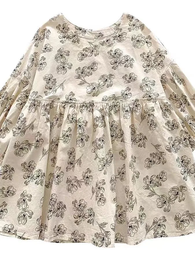 甘い花柄プリントドールシャツラウンドネックパフィースリーブレディースサマーカジュアルルーズフィットトップ半袖プリントカジュアルシャツ