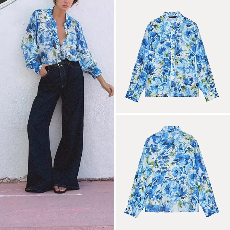 

Spring 2025 Women's Floral Print Long Sve irt Stand Collar Street Sle Polyester Fiber Regular Length Z Brand