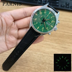 Parnis 43mm Miyota Quartz Movement Men Green Dial Chronograph Watch Sapphire Crystal Stainless Case