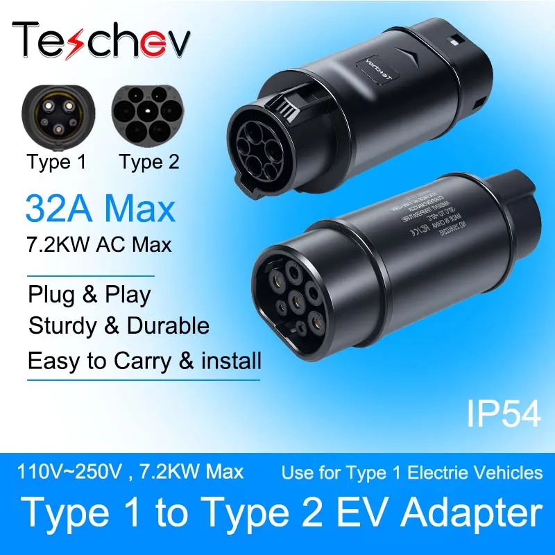 

Teschev 32A 7.2KW EV Charger Adapter For Type 1 to Type 2 Charging For EV Connector Type 2 to GBT 22KW Conventor