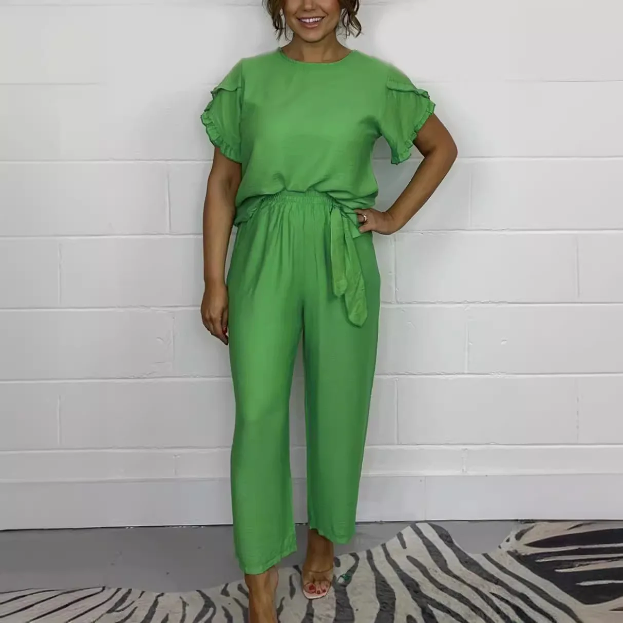 Women's Summer Crew Neck Short Sleeve Top Pants Set