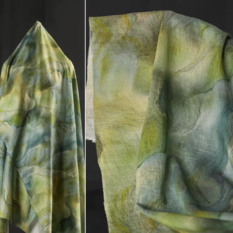 Yellow green ethereal green lake dark pattern artificial silk cotton fabric drape shirt dress clothing designer fabric