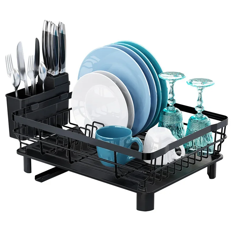 Compact Dish Drying Rack Kitchen Countertop Storage Solution with Drainboard for Plates Bowls and Utensils